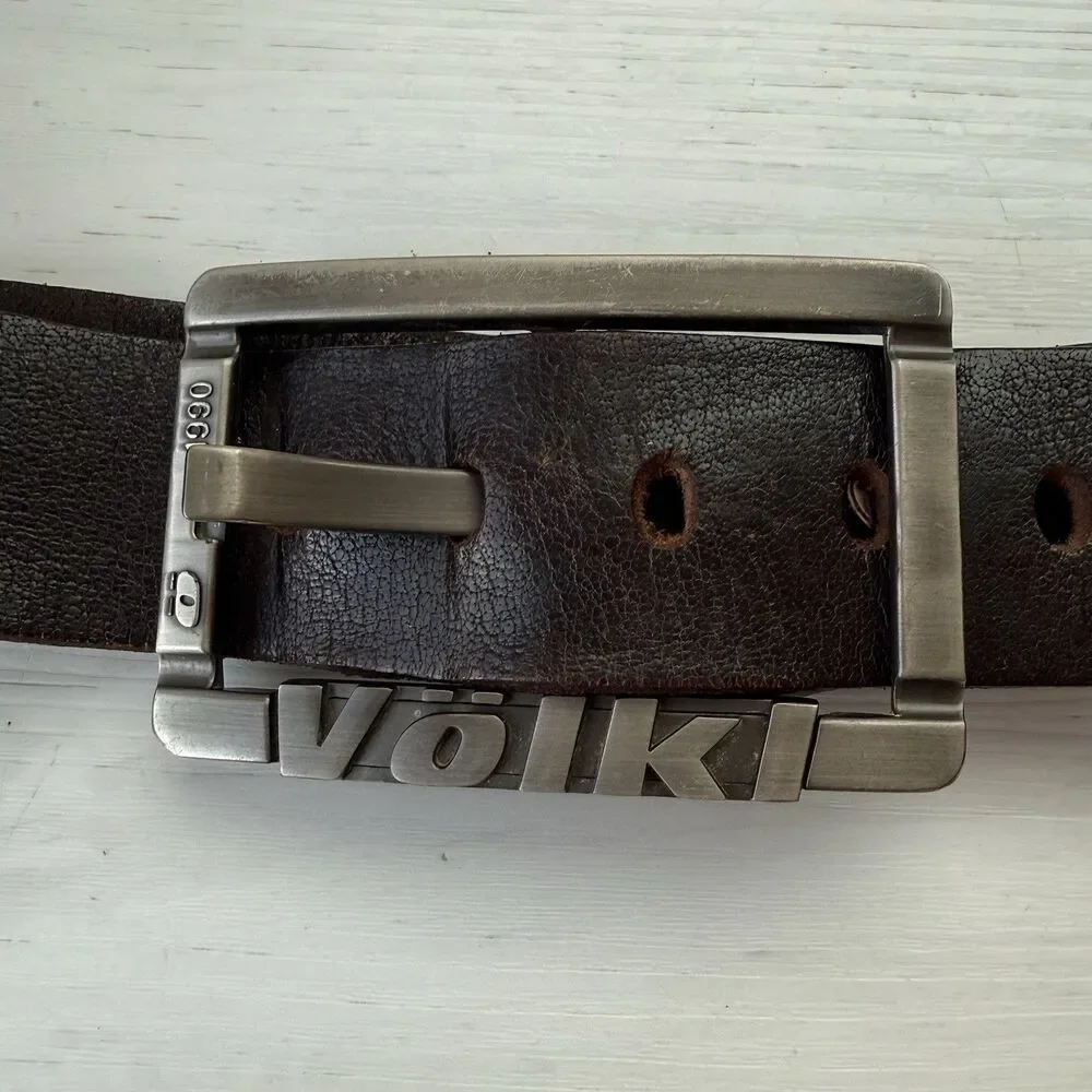 VTG Völkl 1990 Brown Leather Belt Big Metal Logo Buckle Ski Germany Mens